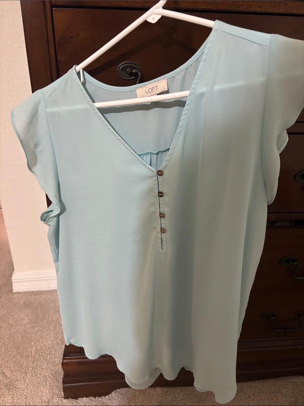 LOFT Light Aqua V-Neck Flutter Sleeve Blouse